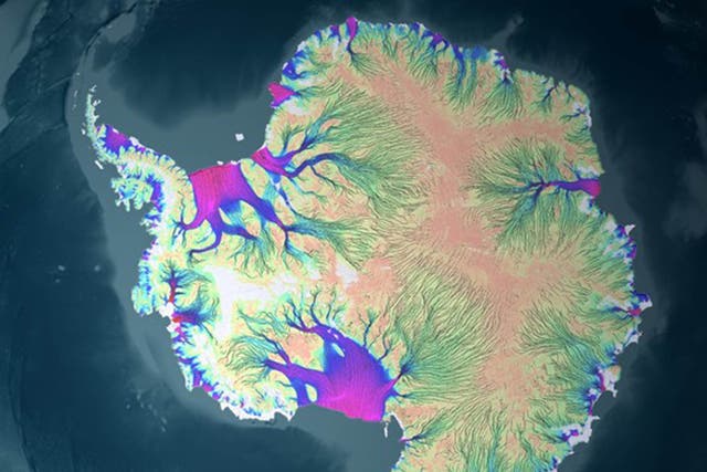 A velocity map of Antarctic ice streams as they move toward the ocean