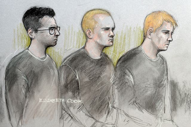 Alexander Deakin, 22, Mikko Vehvilainen, 32, and Mark Barrett, 24, appearing at Westminster Magistrates' Court on 12 September