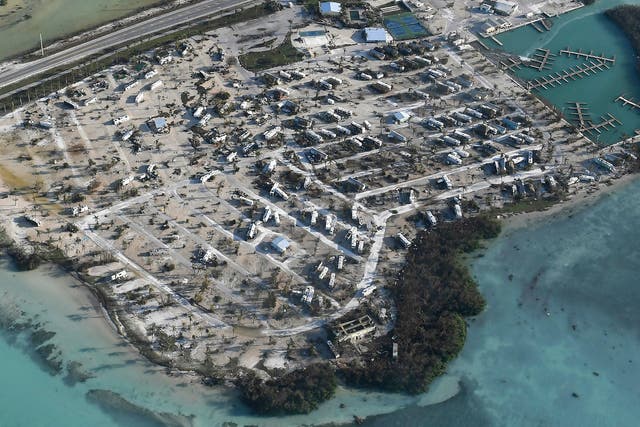 Overturned trailer homes are shown in the aftermath of Hurricane Irma in the Florida Keys