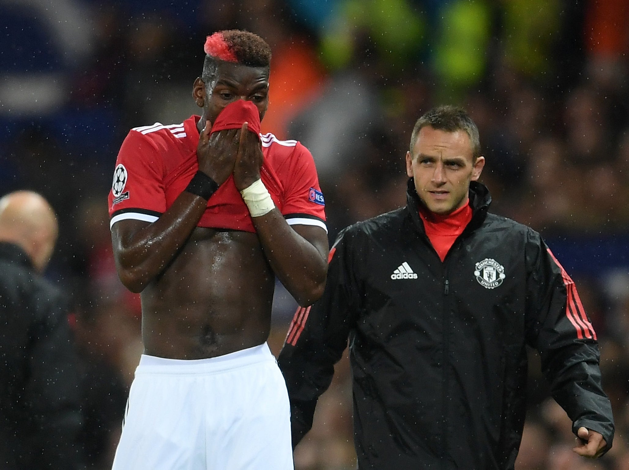 &#13;
Pogba departed with a grimace in the first half and was later spotted on crutches &#13;