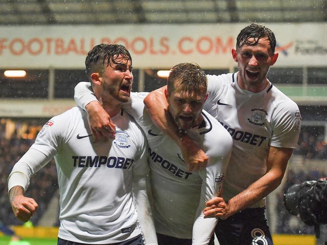 Preston's Sean Maguire is congratulated on scoring his side's second goal