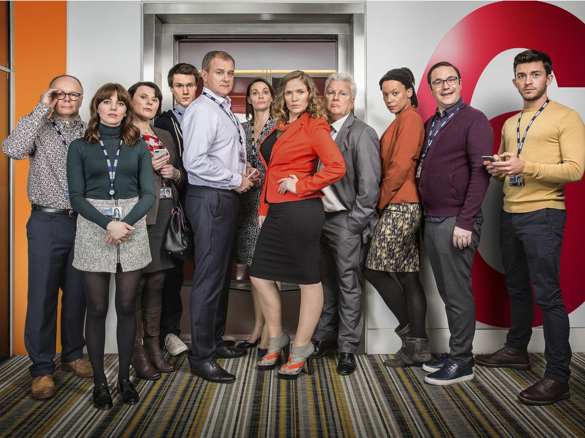 The cast of W1A (from left): Simon Harwood (Jason Watkins), Izzy Gould (Ophelia Lovibond), Tracey Pritchard (Monica Dolan), Will Humphries (Hugh Skinner), Ian Fletcher (Bonnerville), Anna Rampton (Sarah Parish), Siobhan Sharpe (Jessica Hynes), Neil Reid (David Westhead, Lucy Freeman (Nina Sosanya), David Wilkes (Rufus Jones), Jack Patterson (Jonathan Bailey) (BBC/Jack Barnes)