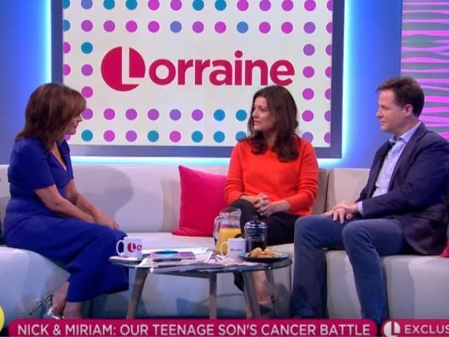 Lorraine Kelly interviews Miriam Gonzalez Durantez and Nick Clegg on her ITV show about family's cancer battle