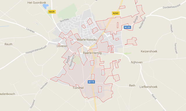 The complicated geography of Baarle-Nassau and Baarle-Hertog includes bits of the Netherlands inside a part of Belgium (pink) inside the Netherlands