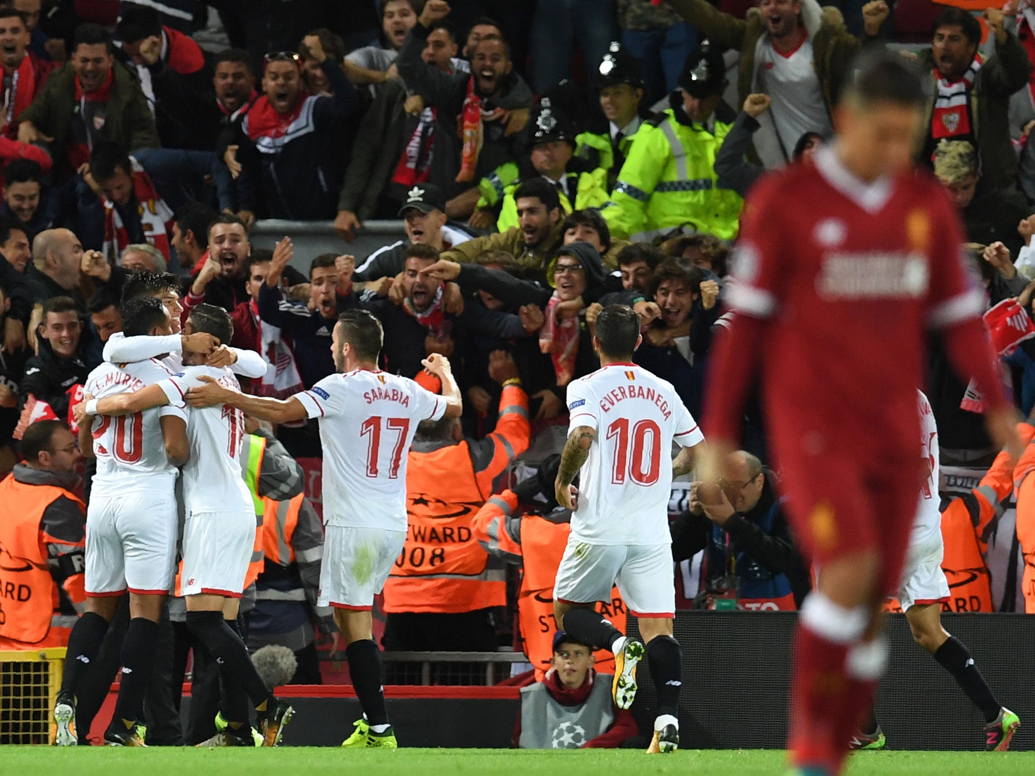 Sevilla celebrate Joaquin Correa's equalising goal