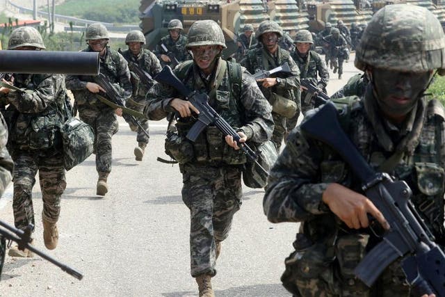 South Korean marines during a military exercise on Baengnyeong Island, near the disputed sea border with North Korea, last week