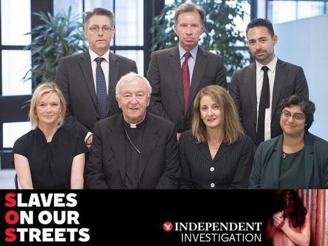 The Slavery on our Streets think tank. Back row (left to right): Kevin Hyland, John Studzinski, Antonio Zappulla (COO Thomson Reuters Foundation, representing Monique Villa). Front row (left to right): Julie Etchingham, Cardinal Vincent Nichols, Marcela Manubens (Global Vice President for Social Impact at Unilever, representing Paul Polgreen), Yasmin Waljee