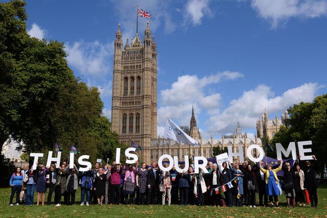 EU citizens in Victoria Tower Gardens in Westminster, London where they were lobbying MPs to guarantee post-Brexit rights on 13 September