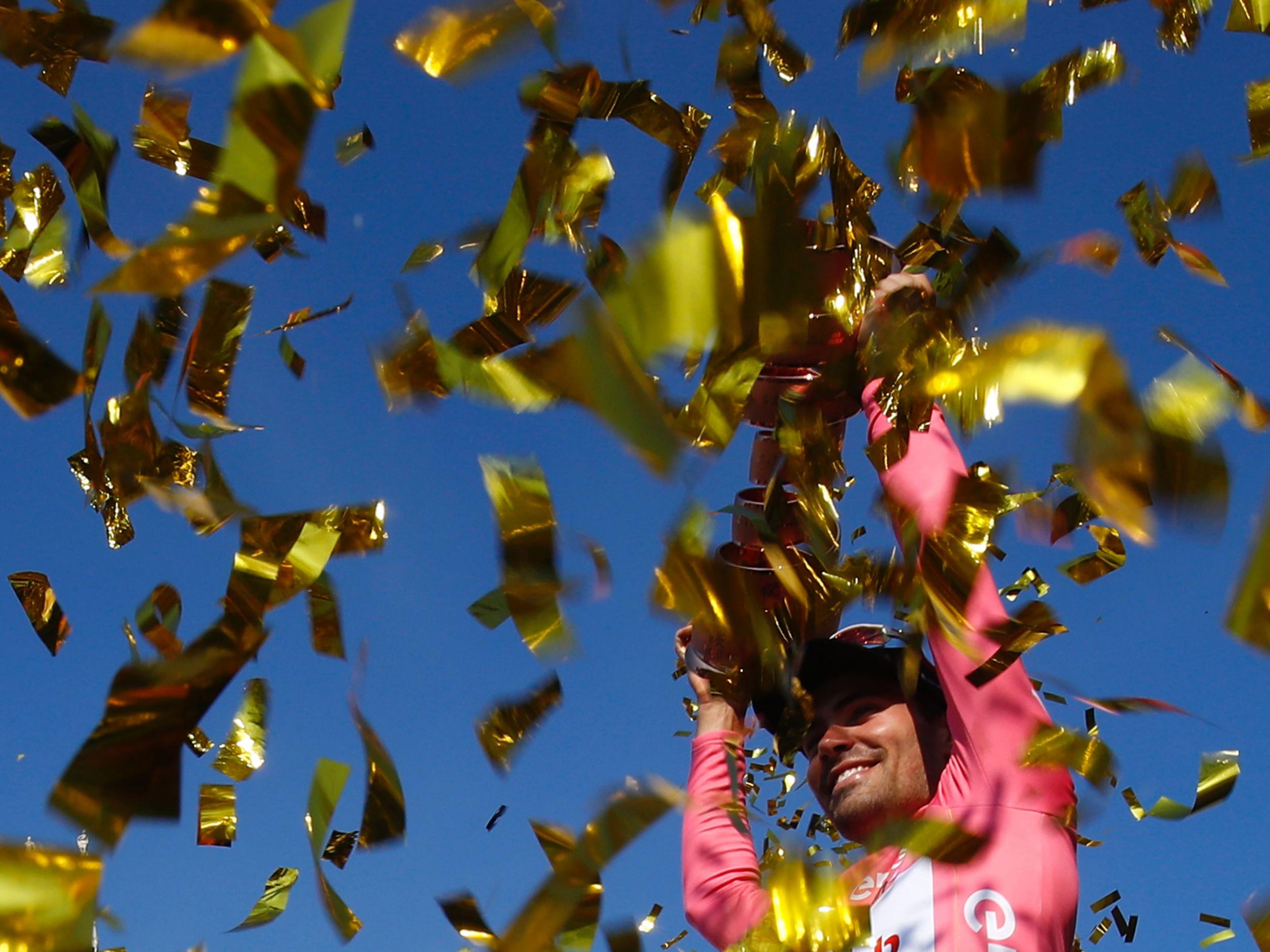 Tom Dumoulin celebrates winning the 100th Giro d'Italia earlier this year
