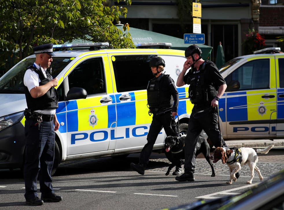 Police officers and sniffer dogs walk near Parsons Green Tube station
