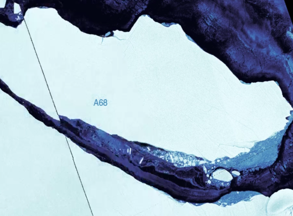 A composite image of the A68 iceberg on 13 and 16 September showing it is heading out to sea