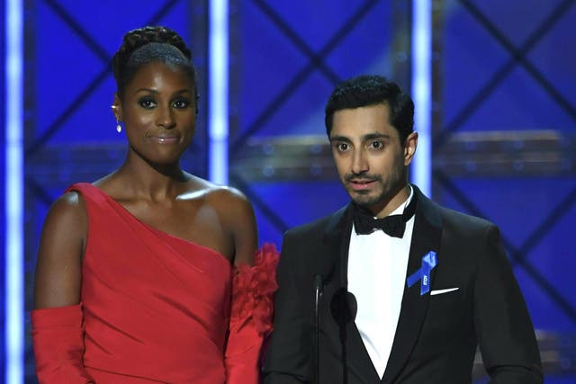 Issa Rae and Riz Ahmed at the 2017 Emmys