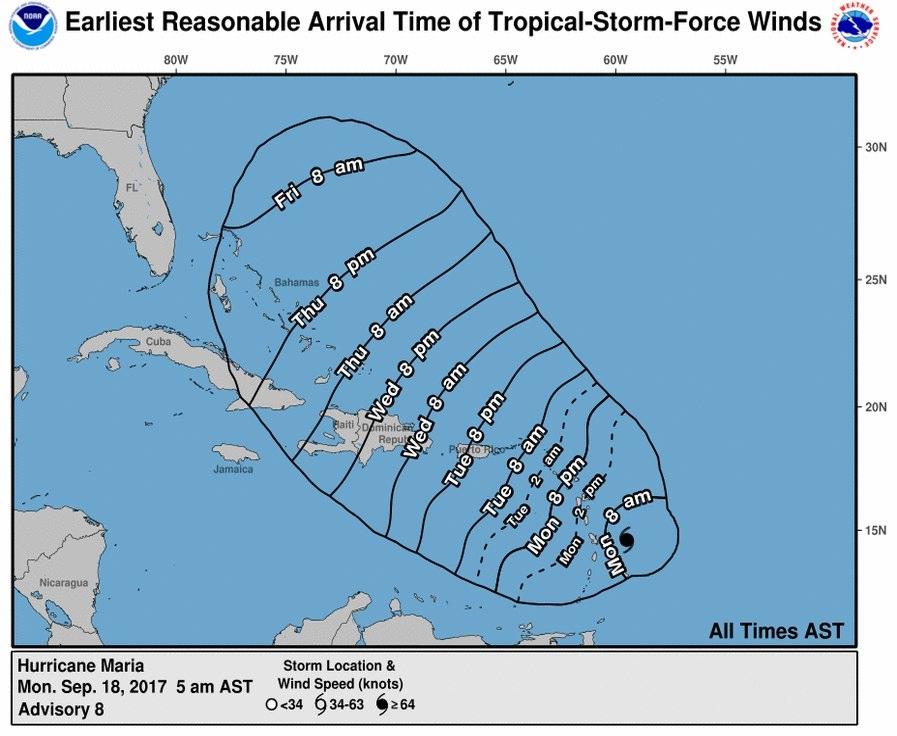 An estimated time of arrival and possible track of Hurricane Maria issued by the National Hurricane Centre