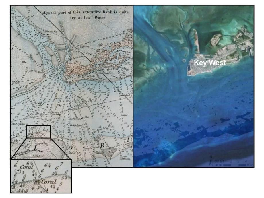 Left: A 1774 nautical chart. Right: Google Earth imagery overlaid on a habitat map