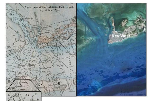 Left: A 1774 nautical chart. Right: Google Earth imagery overlaid on a habitat map