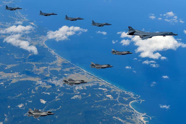 US B-1B bombers, F-35B stealth fighter jets and South Korean F-15k fighter jets fly over Korean peninsula