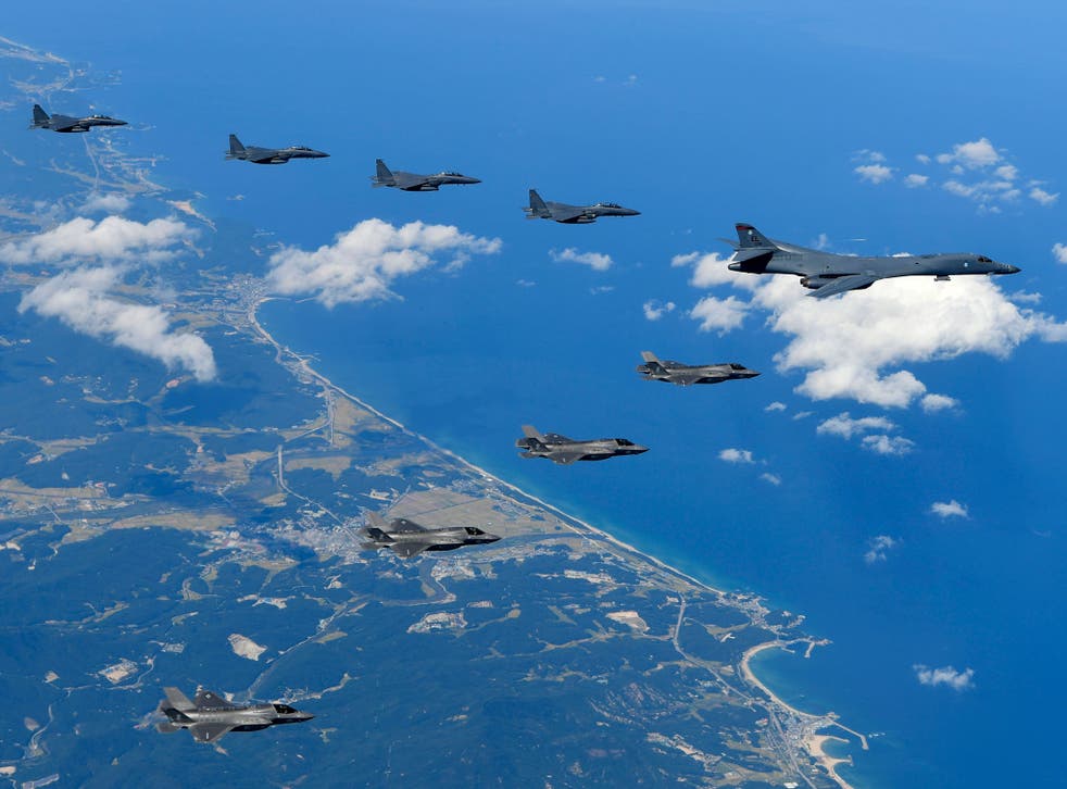 US B-1B bombers, F-35B stealth fighter jets and South Korean F-15k fighter jets fly over Korean peninsula
