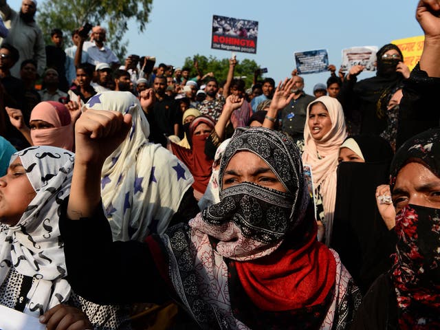 <p>Indian demonstrators protesting about the plight of the Rohingya outside the Burmese embassy in New Delhi</p>