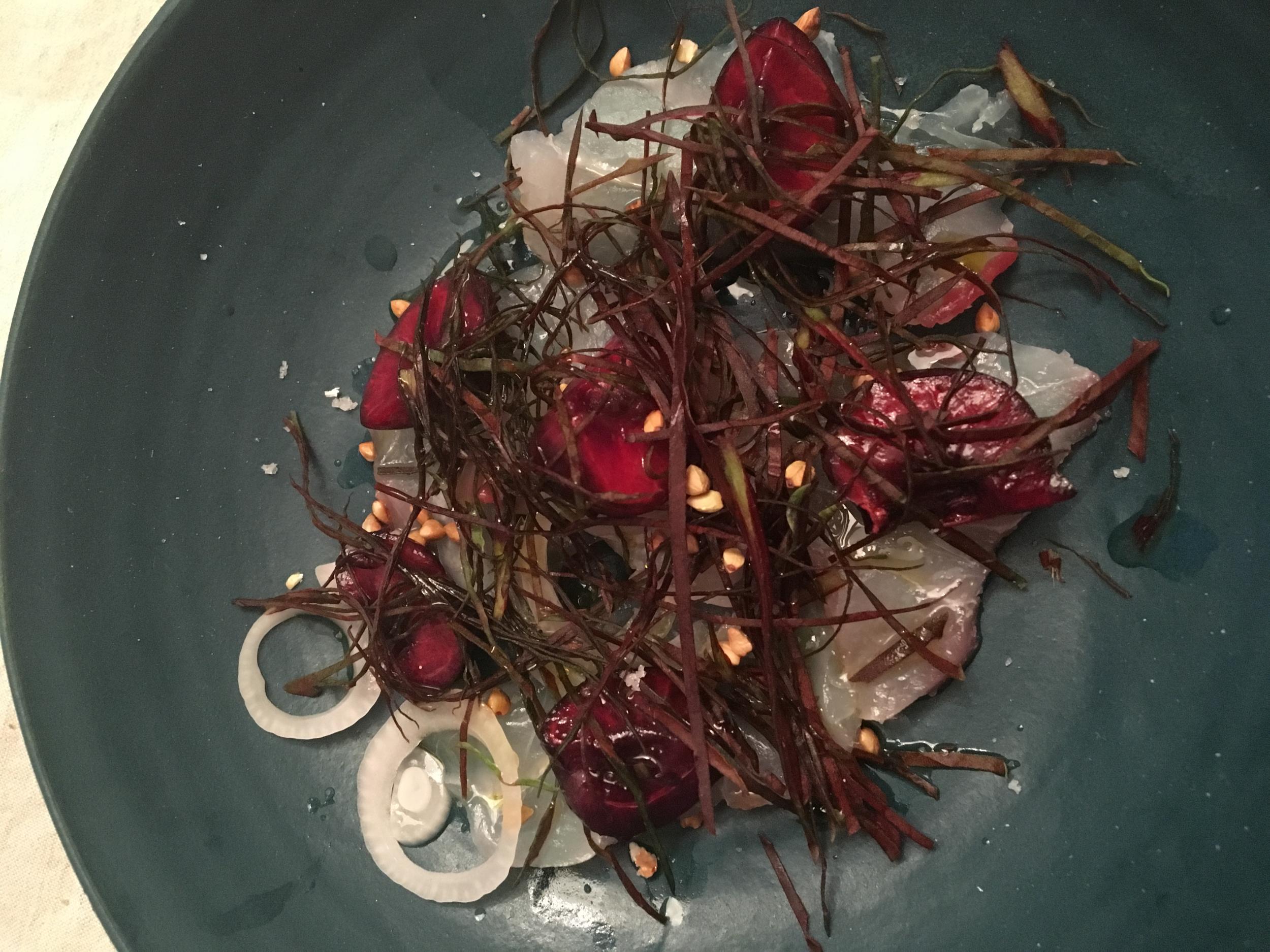 &#13;
Sven Chartier’s raw meagre fish with cherry and red sorrel &#13;
