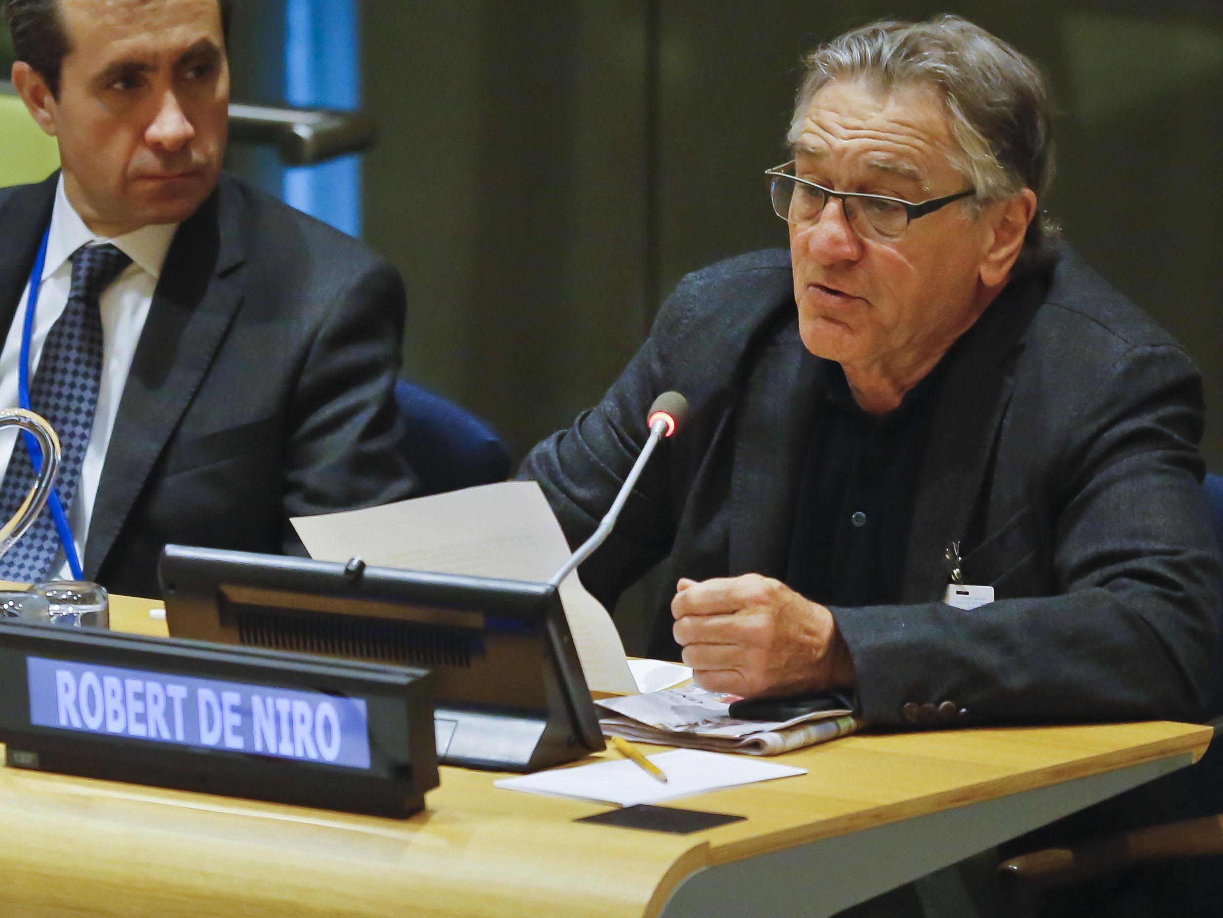 Actor Robert De Niro addresses a high-level meeting on Hurricane Irma at the United Nations headquarters