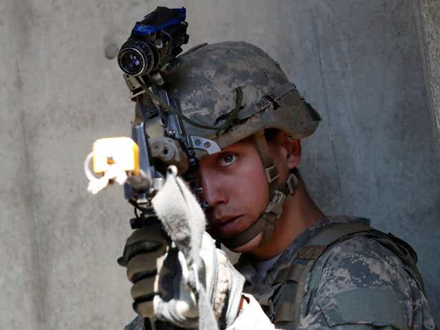 A US Army soldier takes part in an urban warfare drill