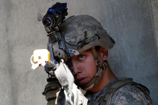 A US Army soldier takes part in an urban warfare drill
