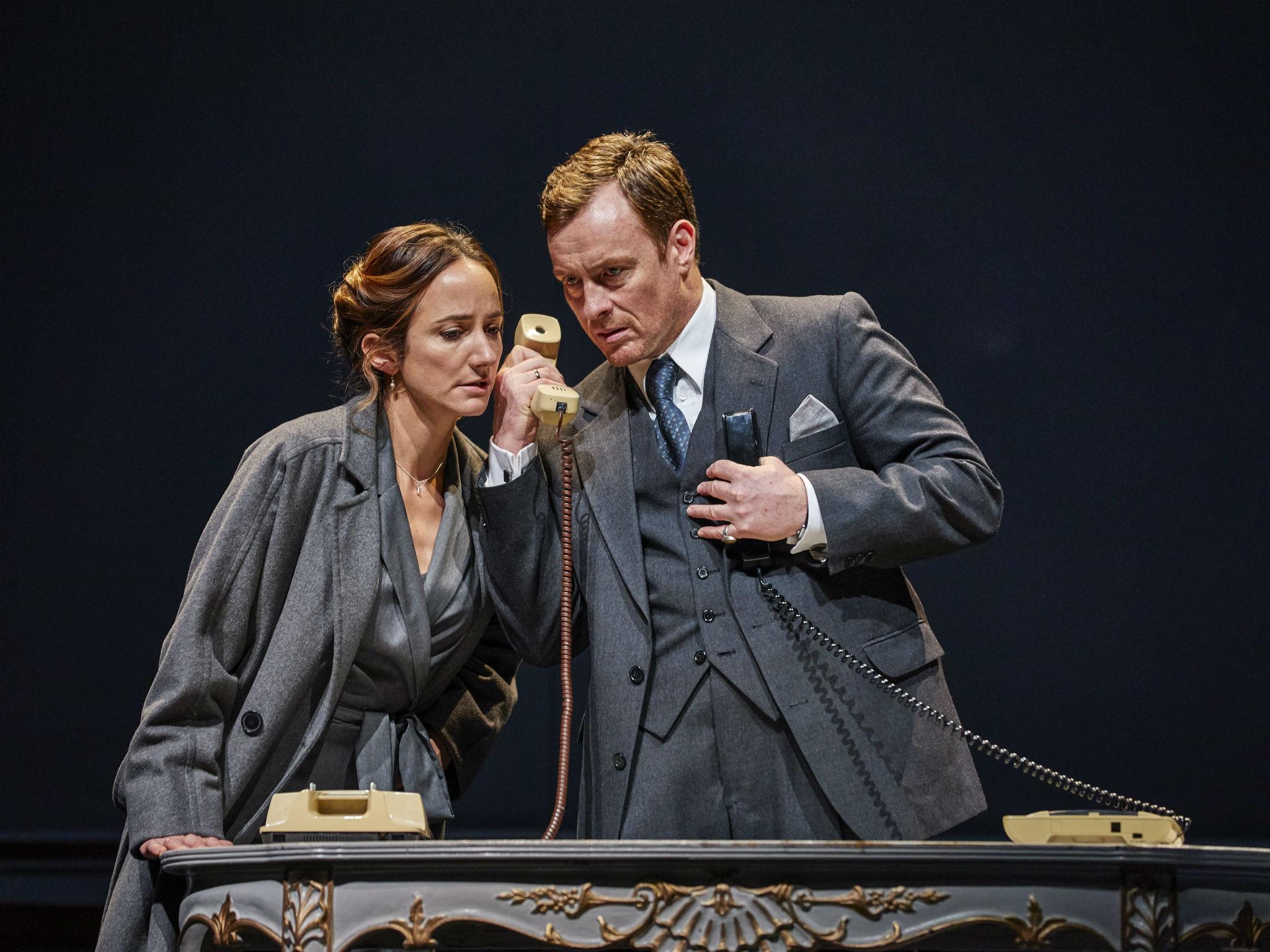 Toby Stephens as Terje Larsen and Lydia Leonard as Mona Juul in J.T.Rogers's 'Oslo' at The National Theatre