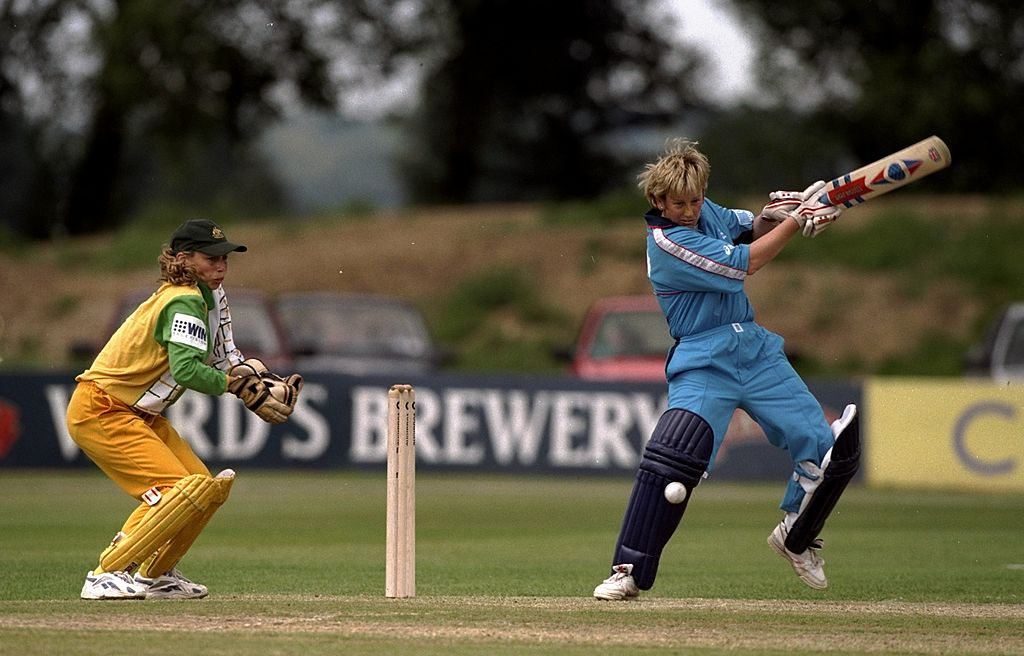 Brittin bats and Julia Price of Australia keeps wicket during the Womens Second One Day match at the County Ground in Derby, July 1998. Australia won the match by 64 runs