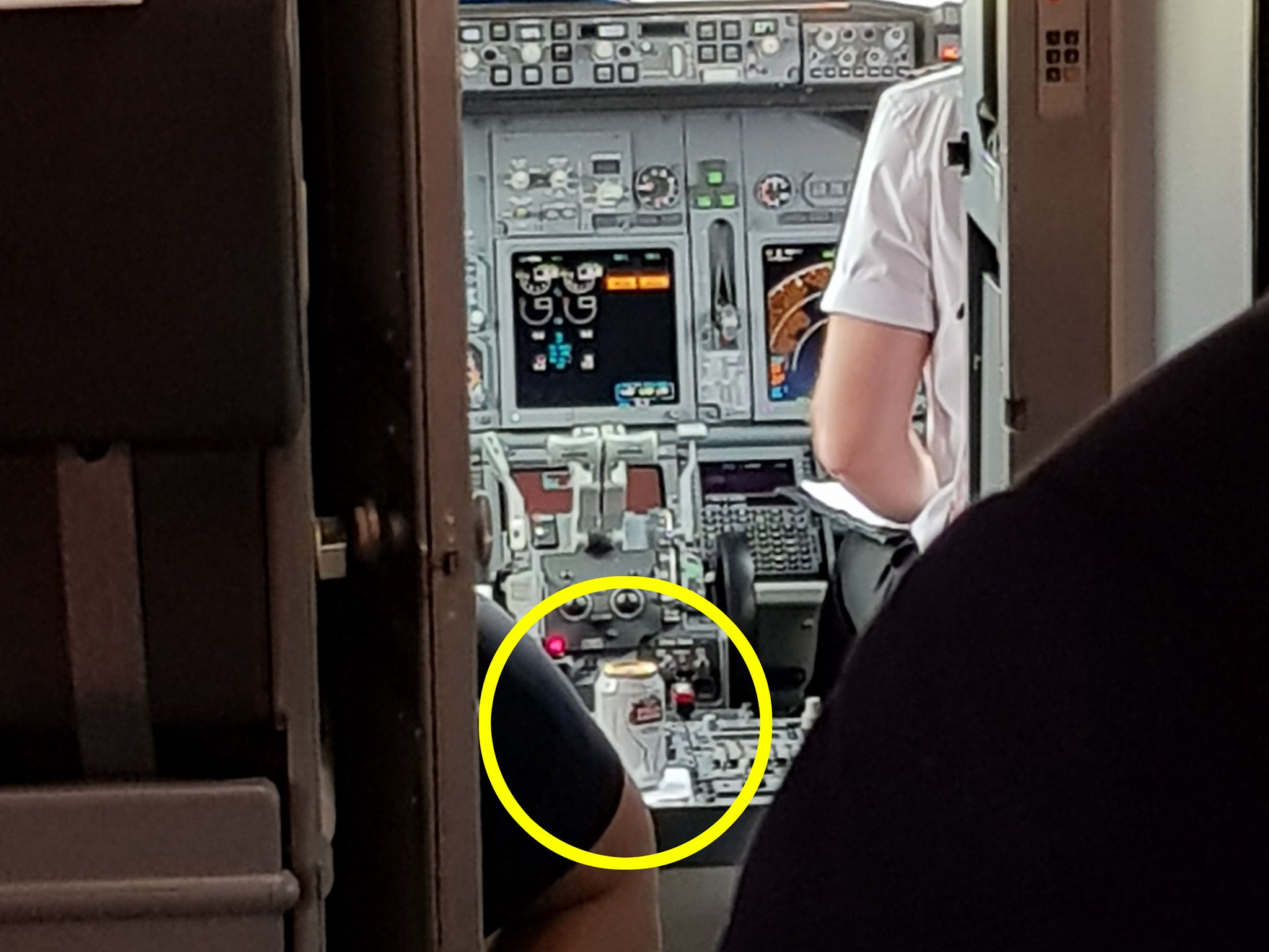 A can of Stella Artois can be seen sitting beside a pilot on the flight from Alicante