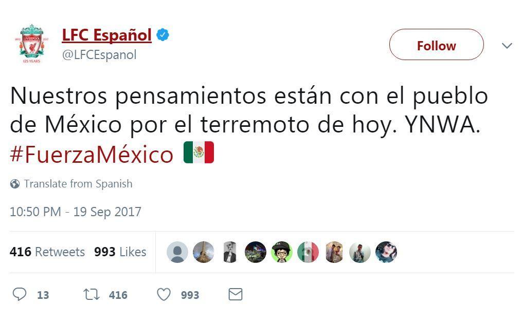 'Our thoughts are with the people of Mexico after the earthquake today'