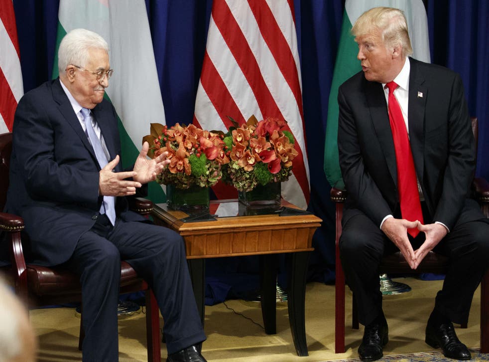 President Donald Trump meets with Palestinian President Mahmoud Abbas at the Palace Hotel during the United Nations General Assembly, Wednesday, Sept. 20, 2017, in New York.