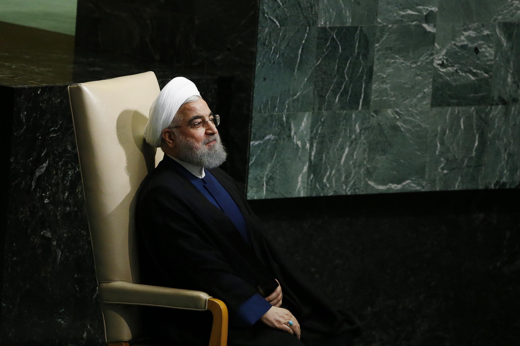 Iranian President Hassan Rouhani sits before addressing the United Nations General Assembly at UN headquarters