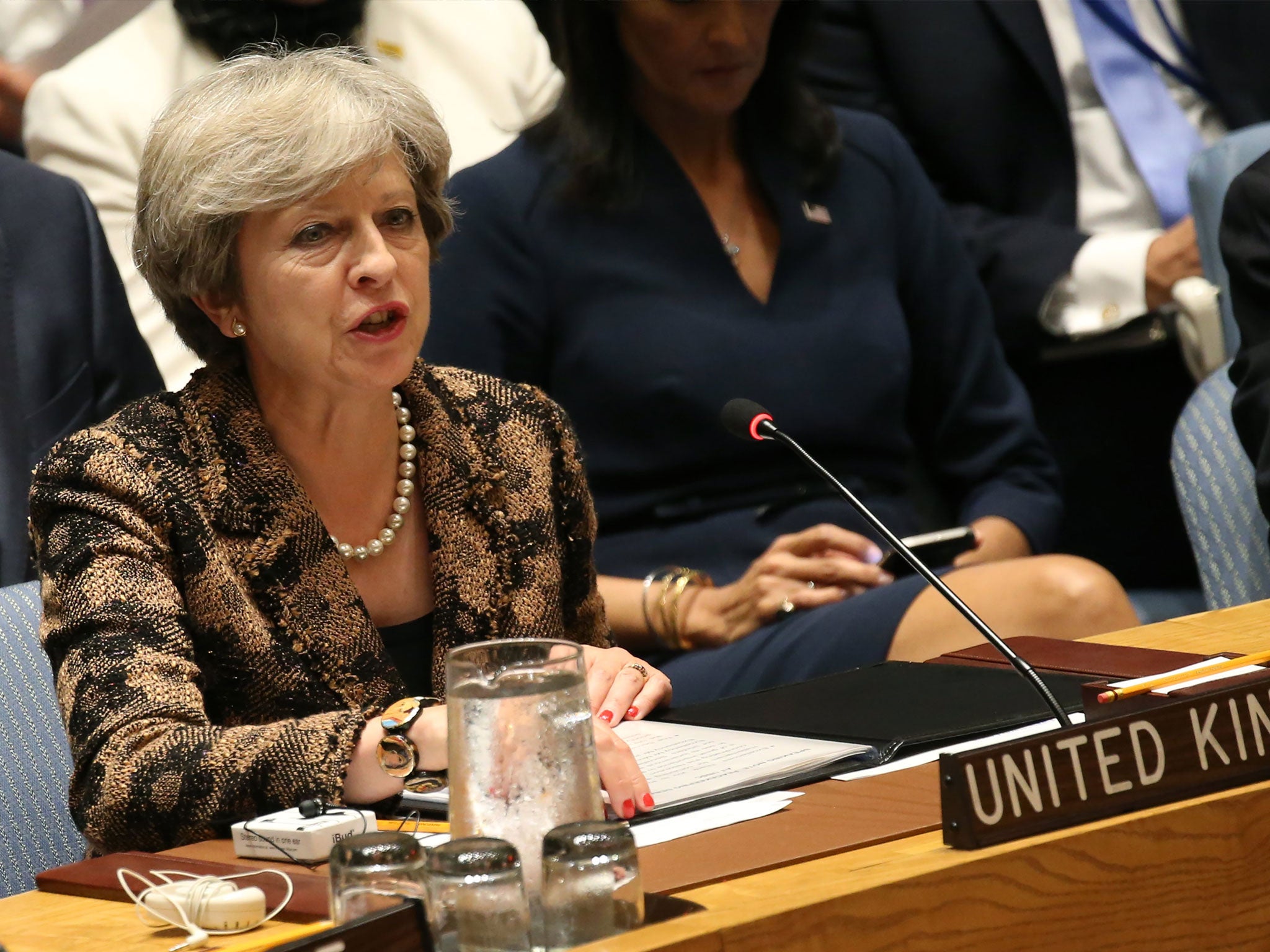 Theresa May  speaks during a Security Council Meeting on United Nations peacekeeping operations, ahead of her keynote speech to the assembly