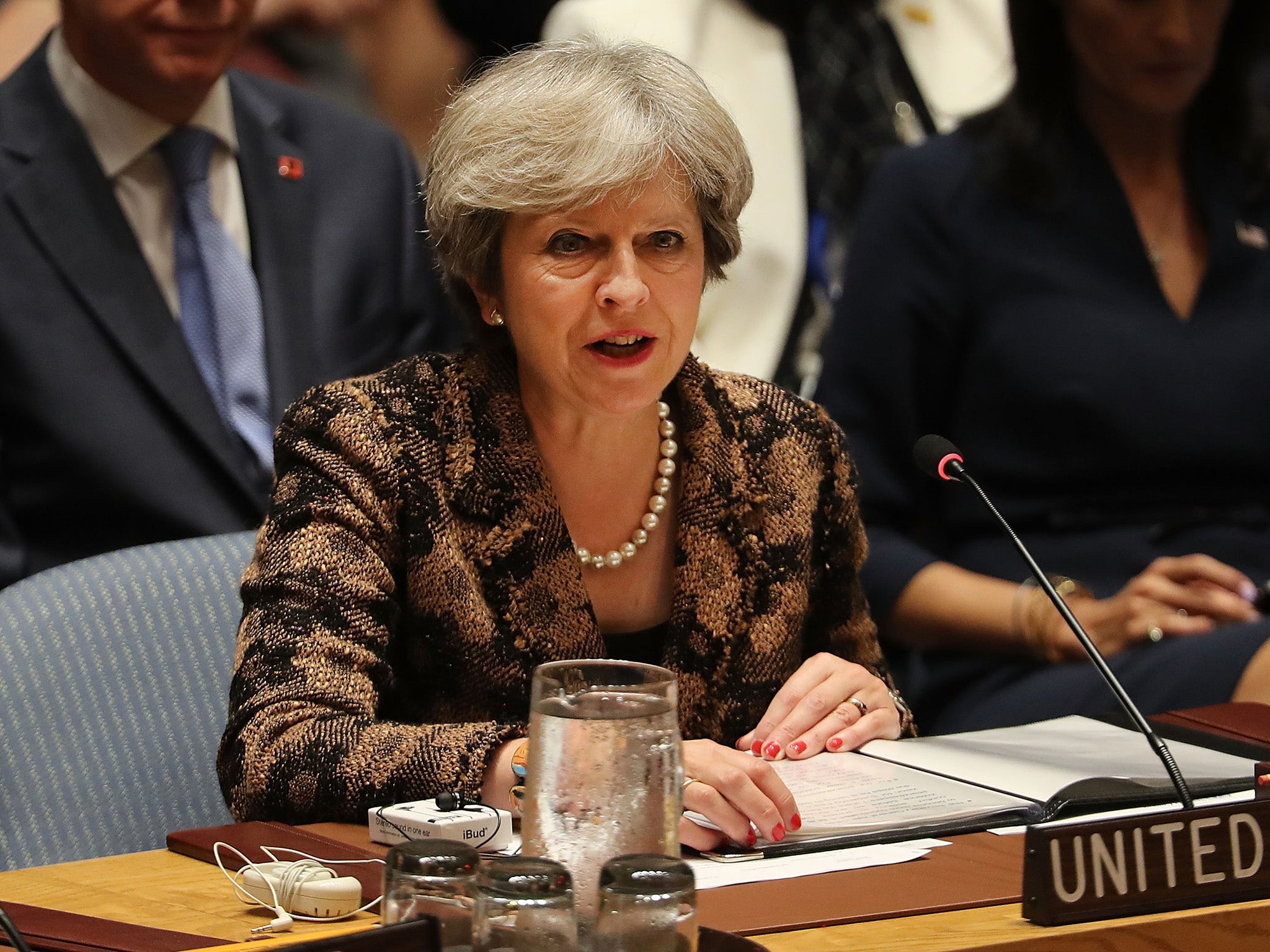 Theresa May speaks at a Security Council meeting in New York