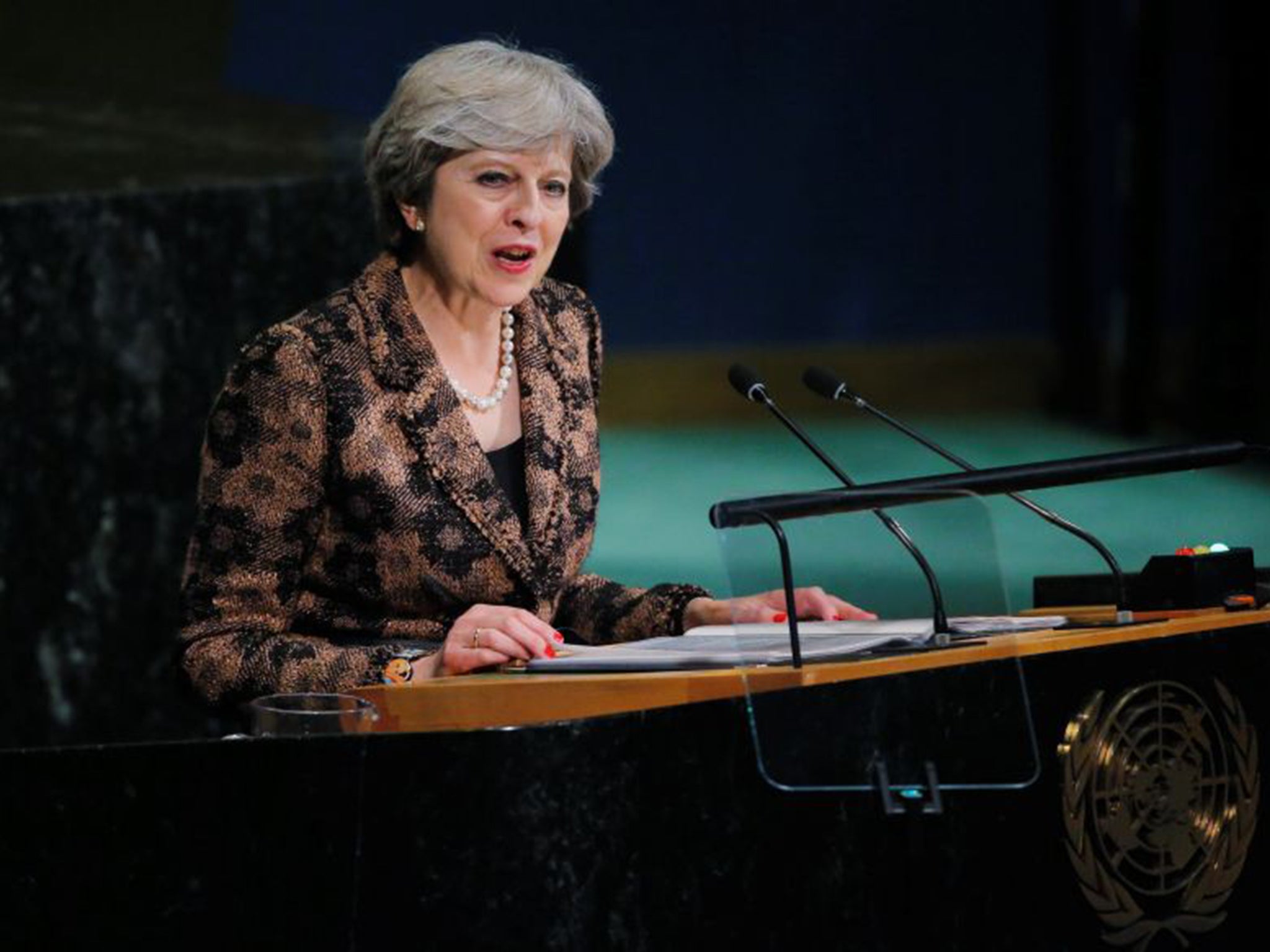 Theresa May addresses the UN General Assembly in New York yesterday