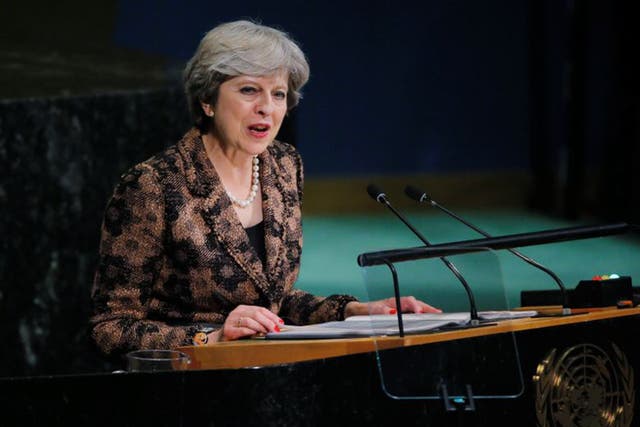 Theresa May addresses the UN General Assembly in New York yesterday