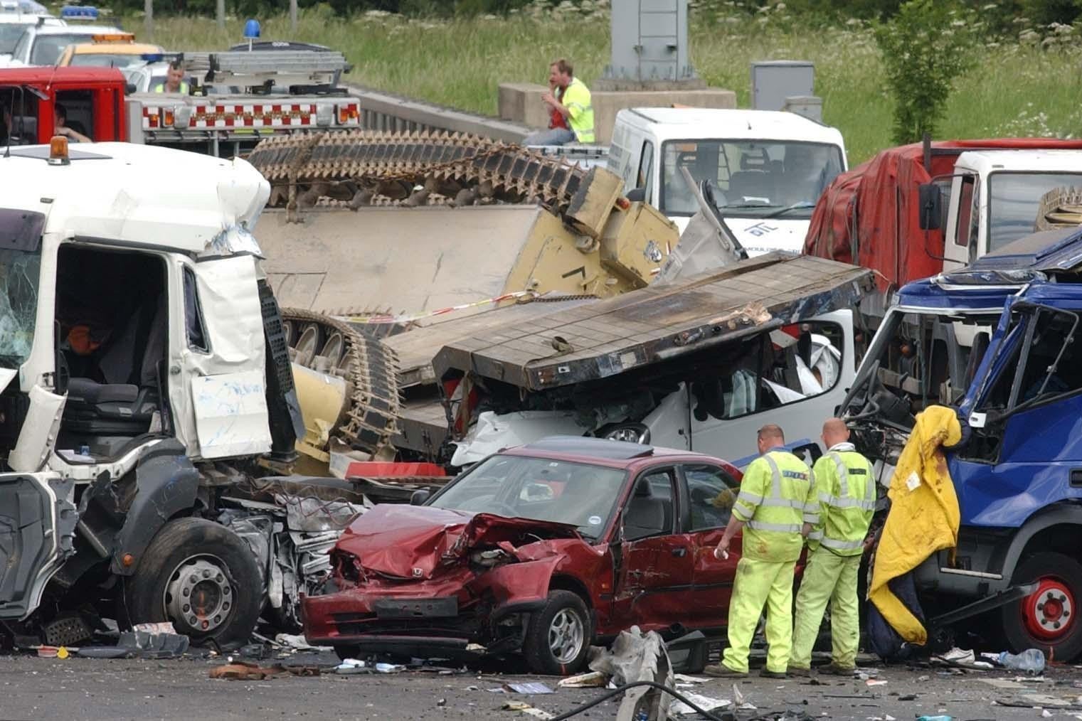 The scene on the M1 in June 2003, where five people were killed in a massive motorway pile-up in Leicestershire