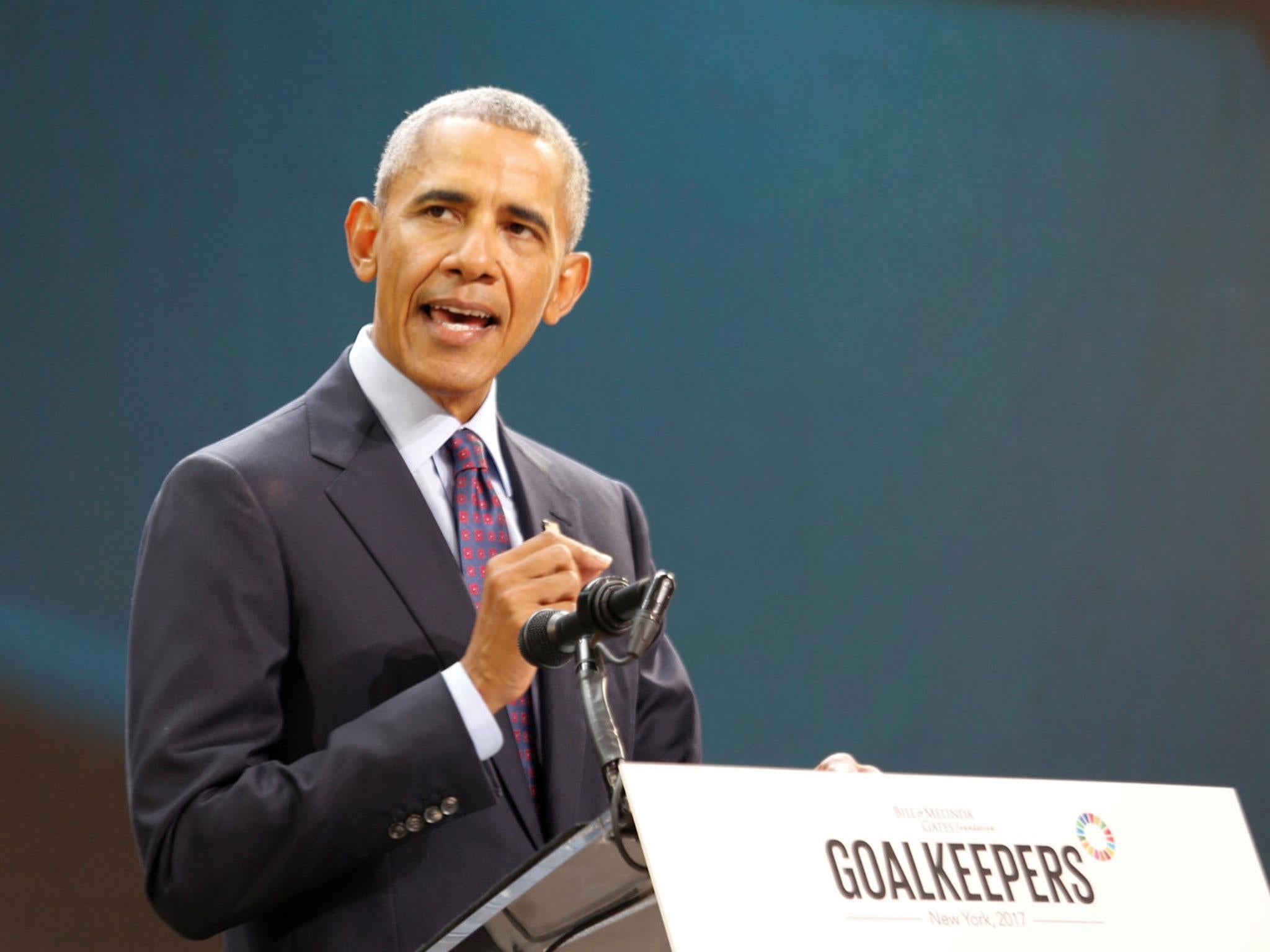 Former US President Barack Obama speaks at the Bill and Melinda Gates Foundation Goalkeepers event in Manhattan, New York
