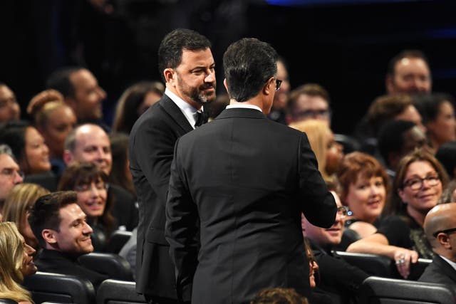 TV personality Jimmy Kimmel (left) and host Stephen Colbert speak during last Sunday’s 69th Annual Primetime Emmy Awards