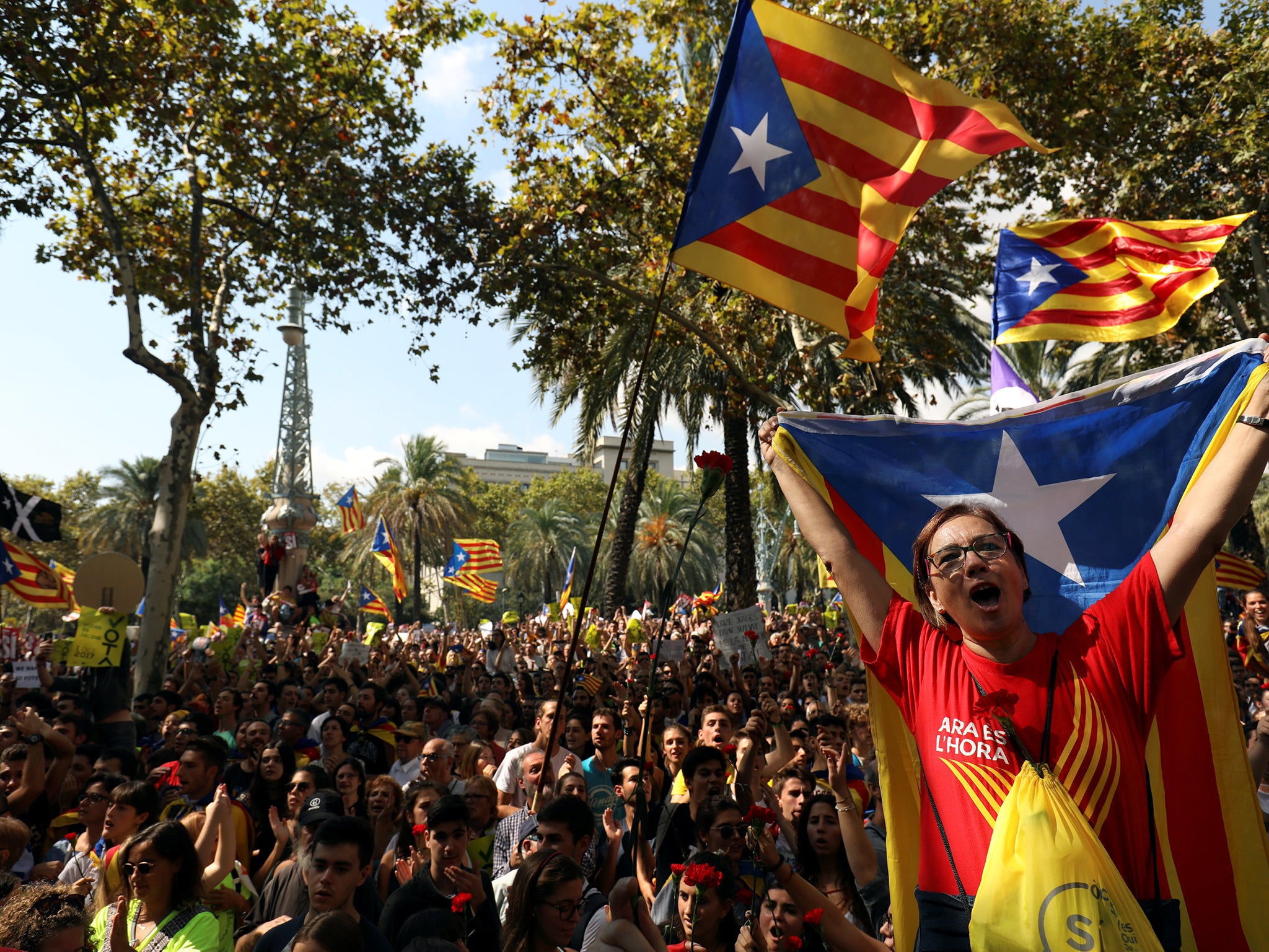 Protesters wave Catalan separatist flags outside the High Court of Justice of Catalonia in Barcelona