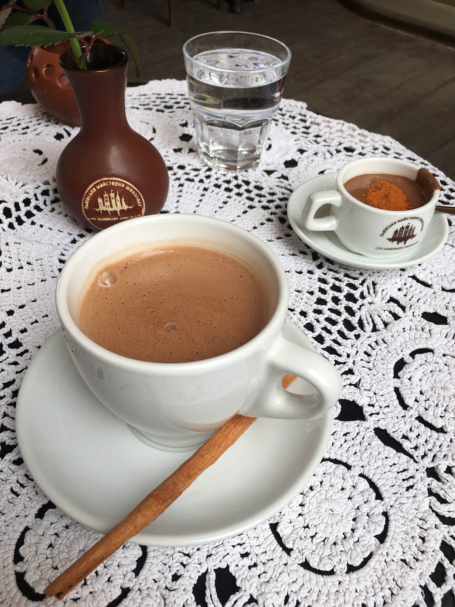 A traditional Lviv hot chocolate is large, spiced and comes with a cinnamon stick