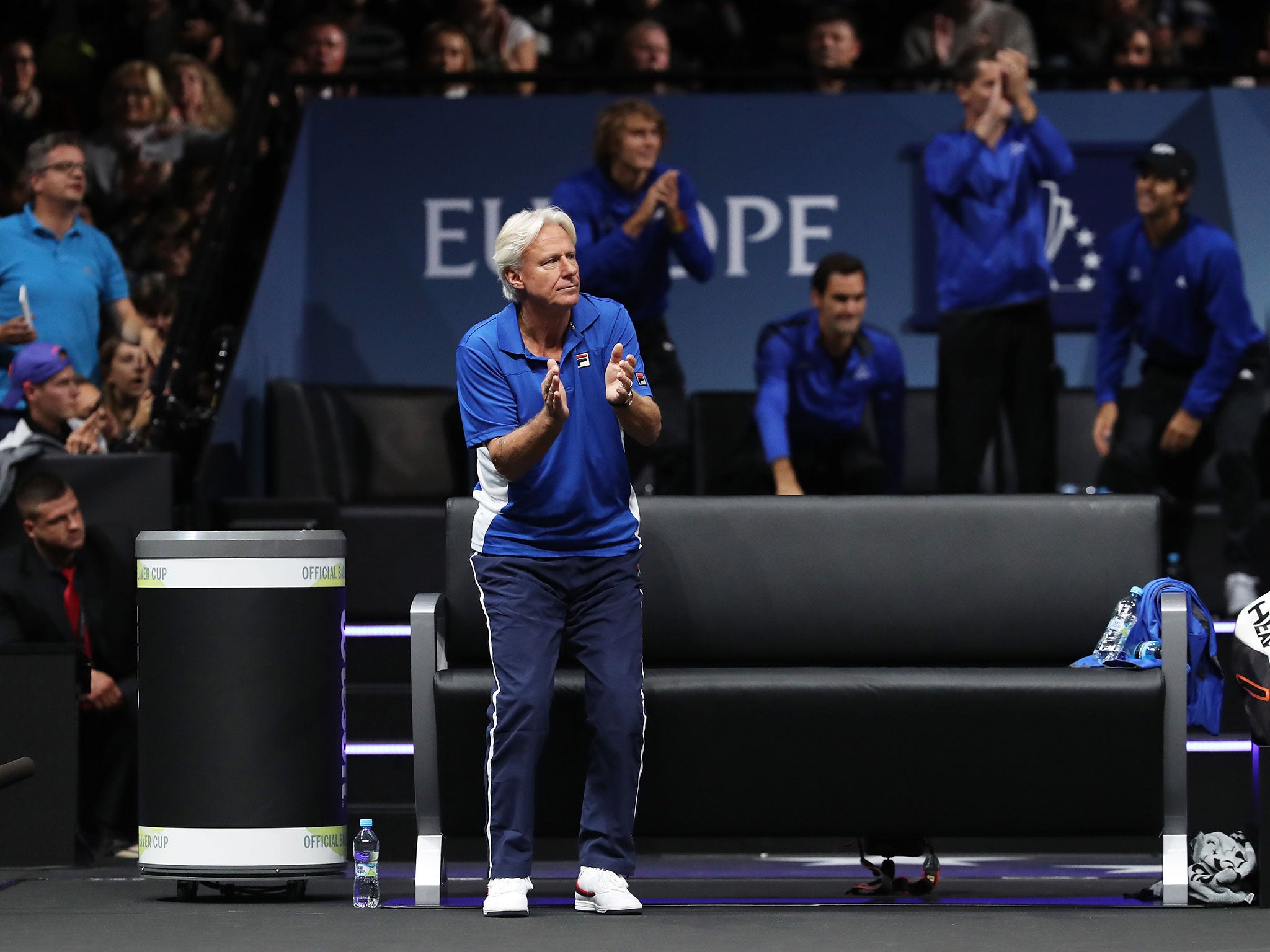 Captain Bjorn Borg watches on from the sideline