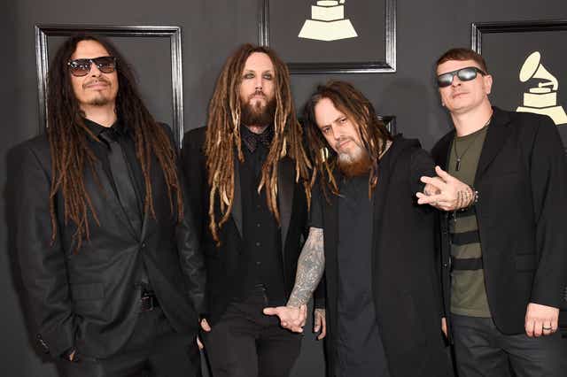 L-R: Korn band members James Shaffer, Brian Welch, Reginald Arvizu, and Ray Luzier at the 59th Grammy Awards