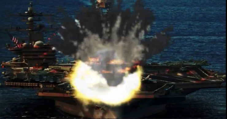 Scenes of a North Korean submarine-launched missile scoring a direct hit on the USS Carl Vinson