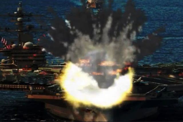 Scenes of a North Korean submarine-launched missile scoring a direct hit on the USS Carl Vinson