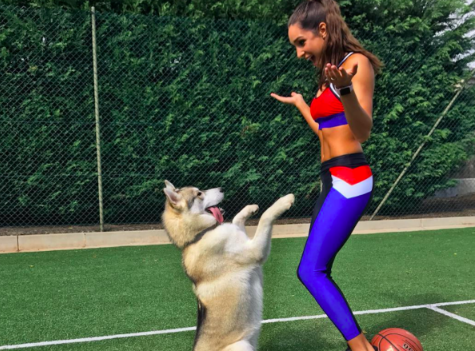 Her dog, Junior, joins her for the odd workout.