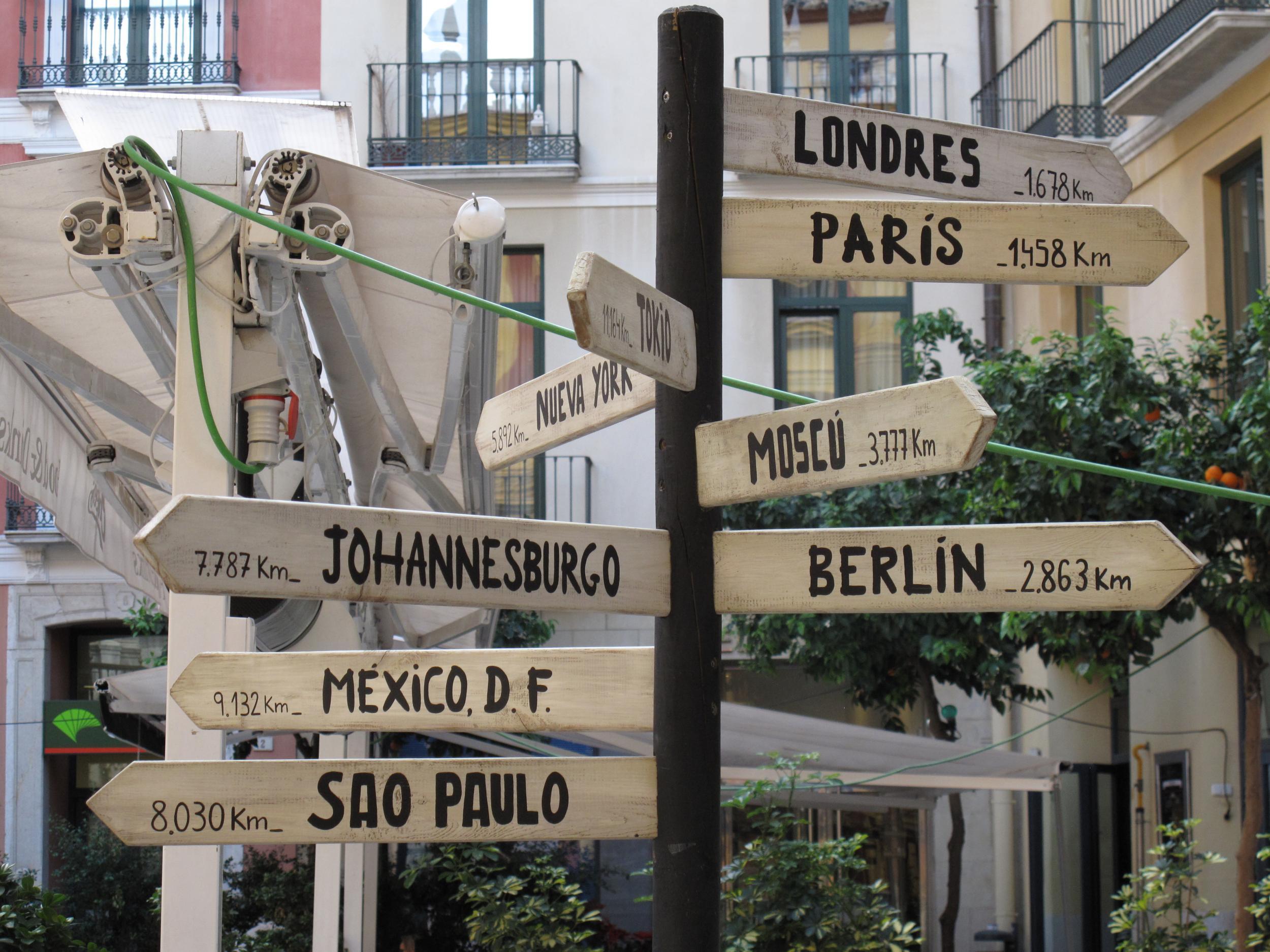 Going places: Signpost in a square in Malaga, southern Spain