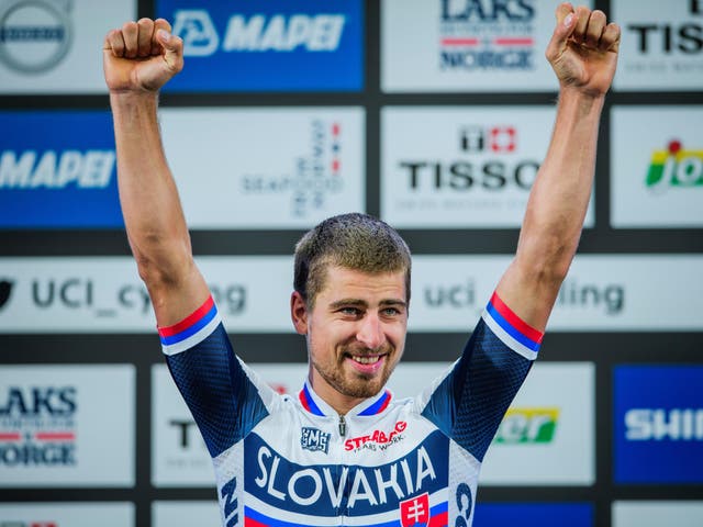 Slovakia's Peter Sagan celebrates after winning the men's elite road race in Bergen, Norway
