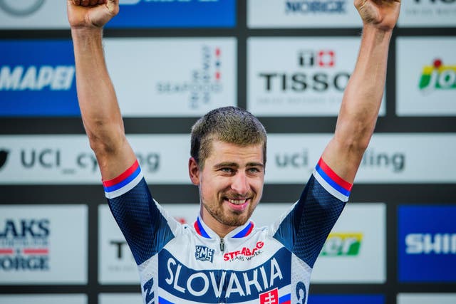 Slovakia's Peter Sagan celebrates after winning the men's elite road race in Bergen, Norway