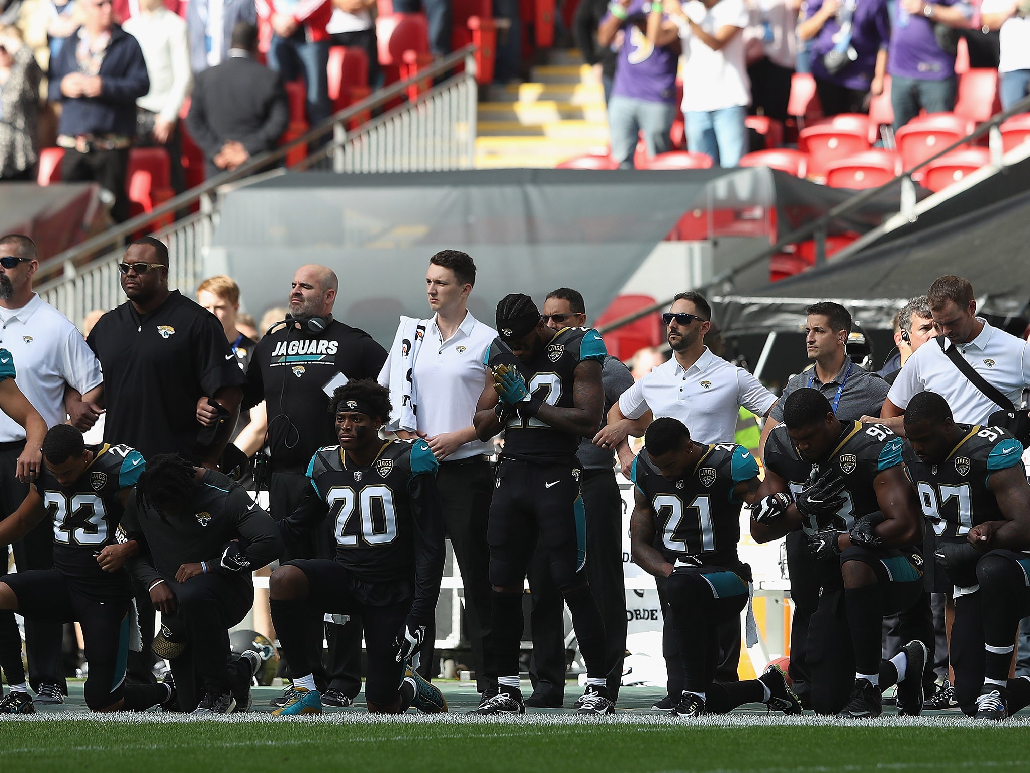 Jacksonville Jaguars players knelt during the national anthem ahead of their game at Wembley Stadium